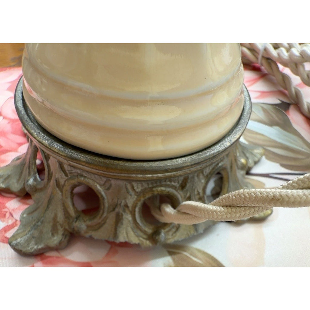 Vintage Floral Swan Handle Boudoir Lamp Cream Ceramic Urn Ruffled Shade