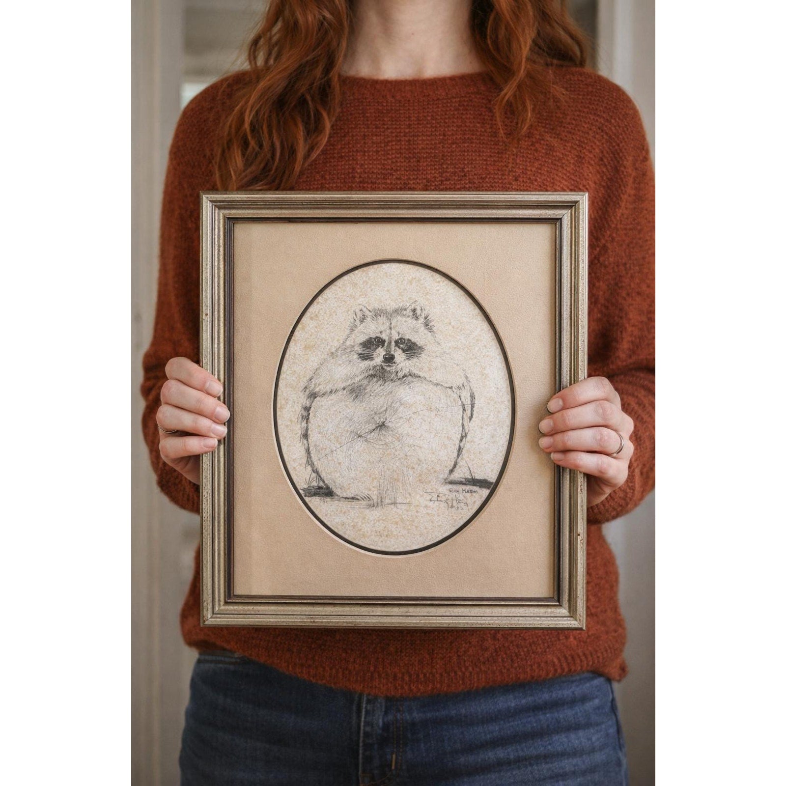 Vintage Woodland Raccoon Art Framed Signed Ray Harm Cozy Cabin Decor