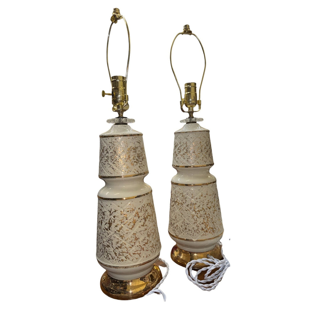 Vintage White and Gold Ceramic Table Lamps Pair Professionally Rewired