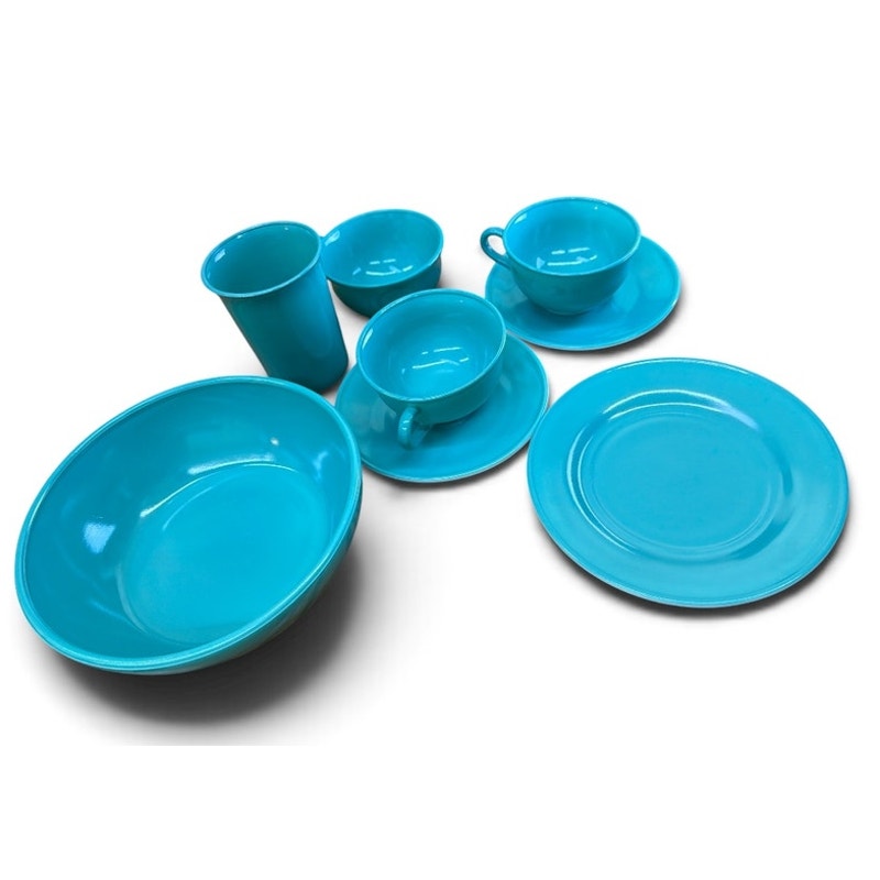 Hazel Atlas Moderntone Turquoise Platonite Glass 9 Piece Set MCM – main view