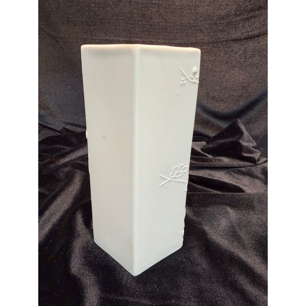 Vintage Matte Bisque Porcelain Butterfly & Cherry Blossom Hexagon Vase 7"