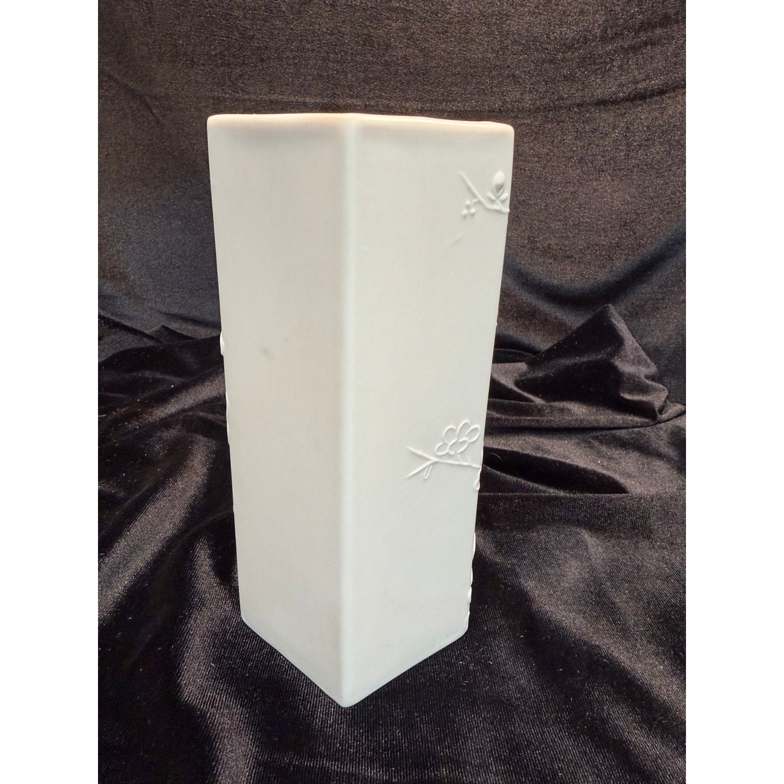 Vintage Matte Bisque Porcelain Butterfly & Cherry Blossom Hexagon Vase 7"