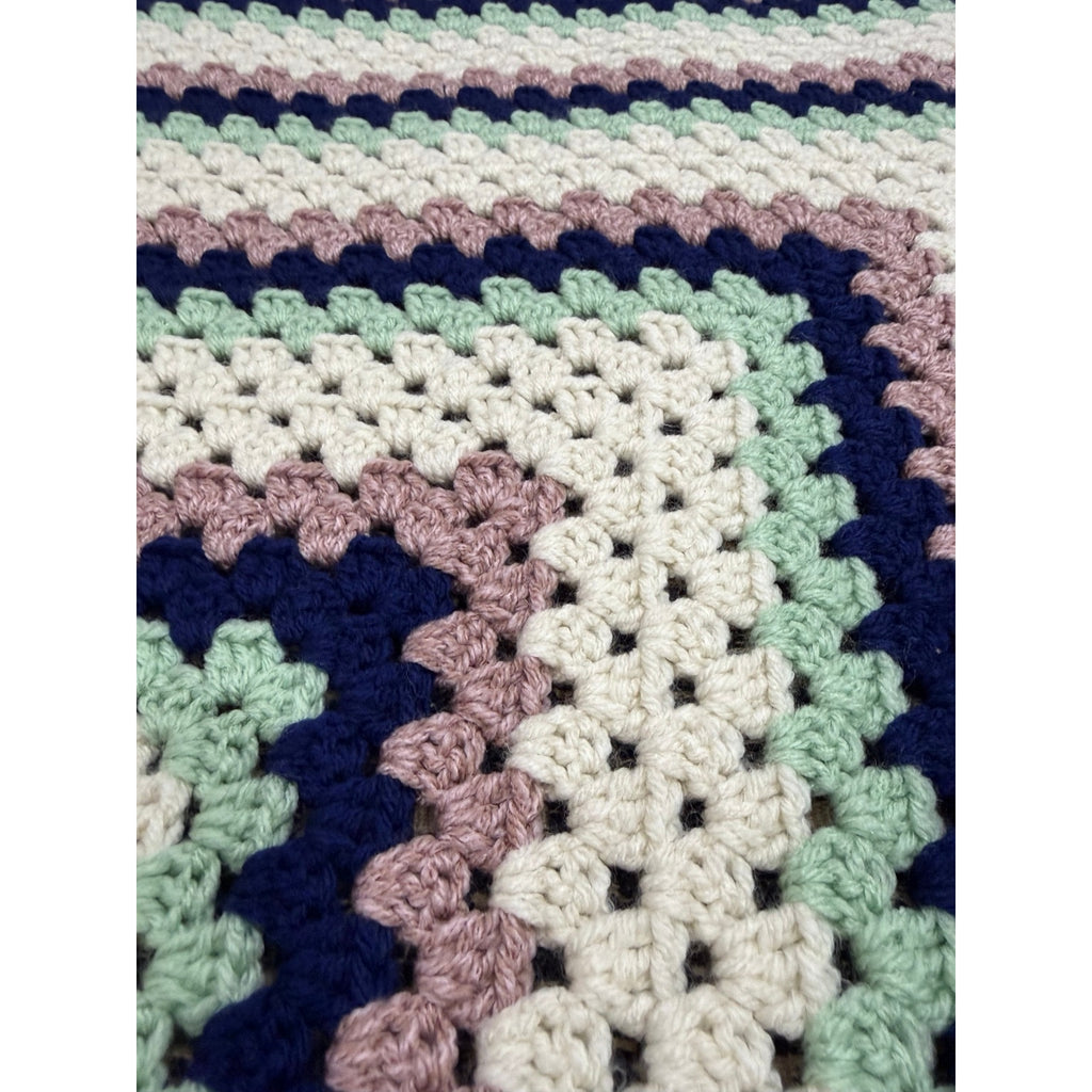 Handmade Crochet Lap Afghan Blanket Granny Square Ivory Navy Mint Pink 38"