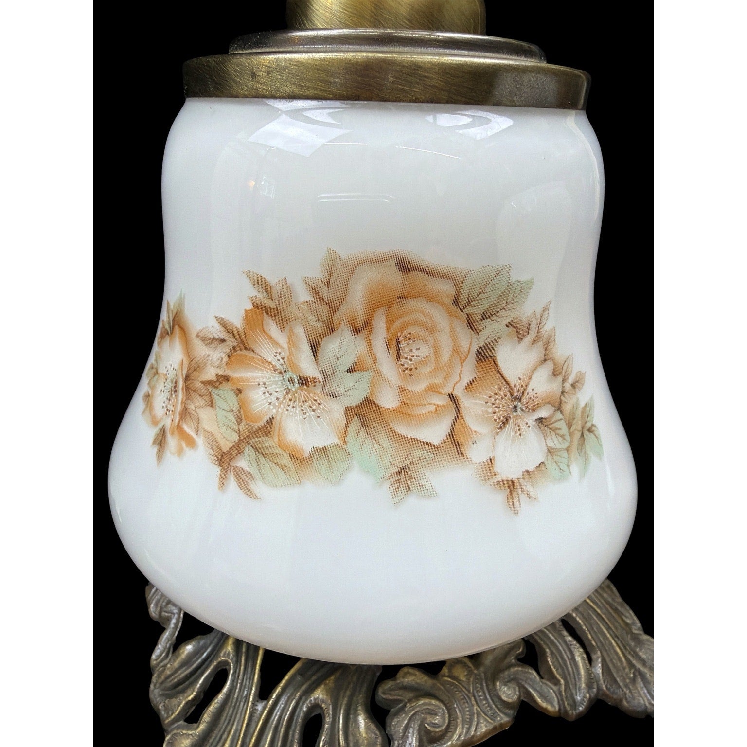 Vintage Milk Glass Hurricane Table Lamp with Floral Shade & Cast Metal Base
