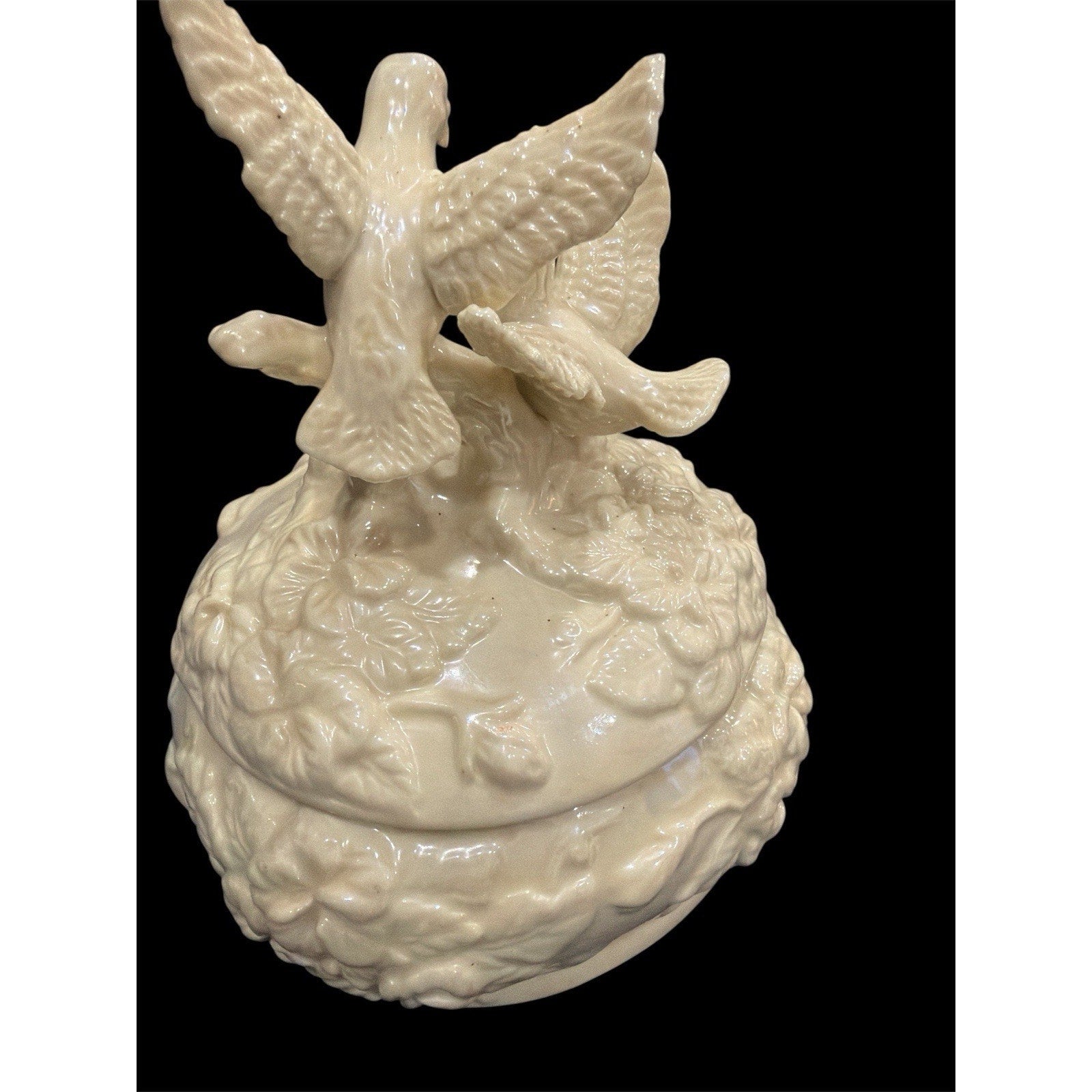 Vintage Iridescent Porcelain Dove Wedding Keepsake Box 5x7 Floral Lidded Trinket