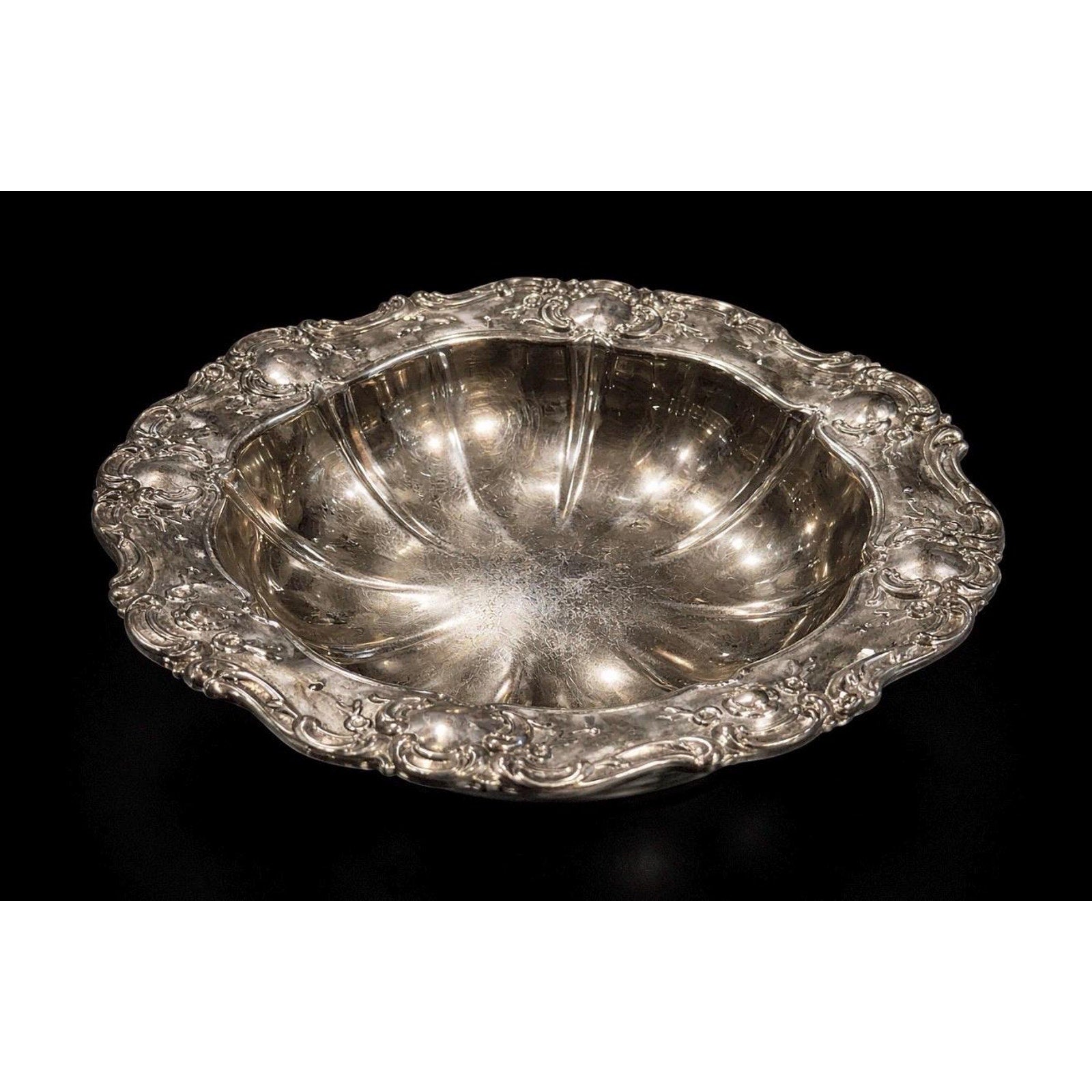 Antique Style Ornate Silver Bowl Rococo Floral Centerpiece Vintage Silver Deco