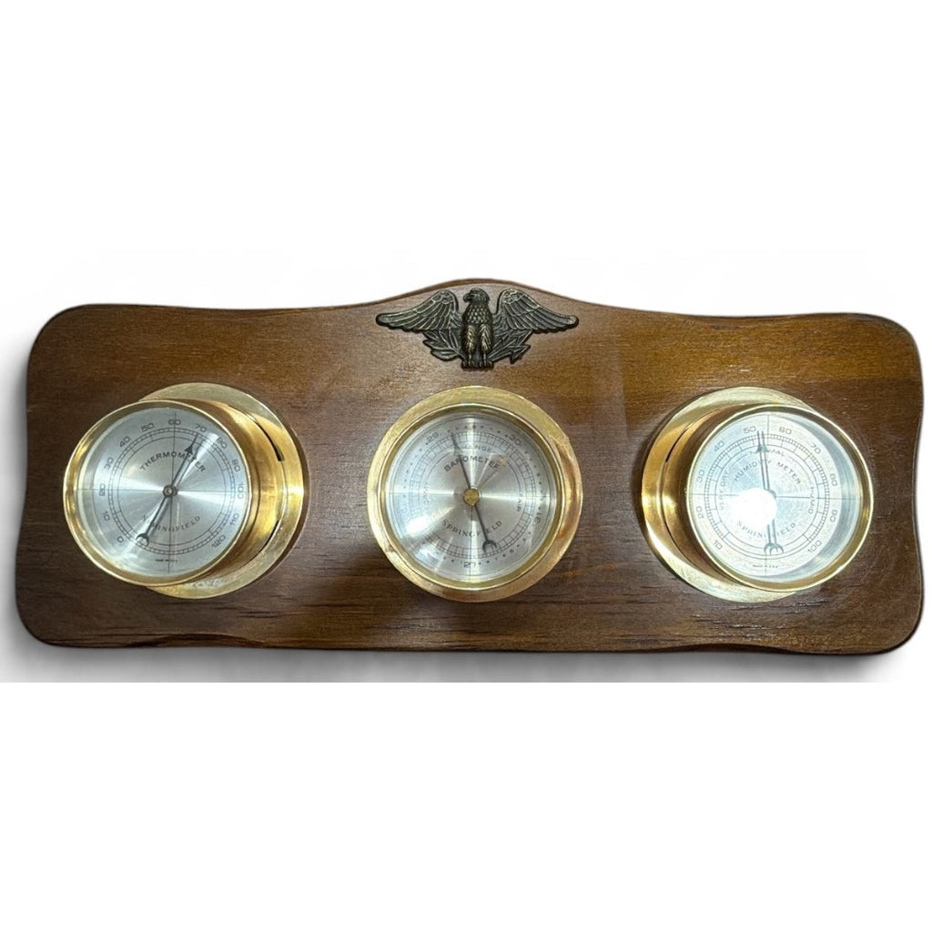 Vintage Springfield Weather Station Brass Tone Barometer Thermometer Eagle Wood
