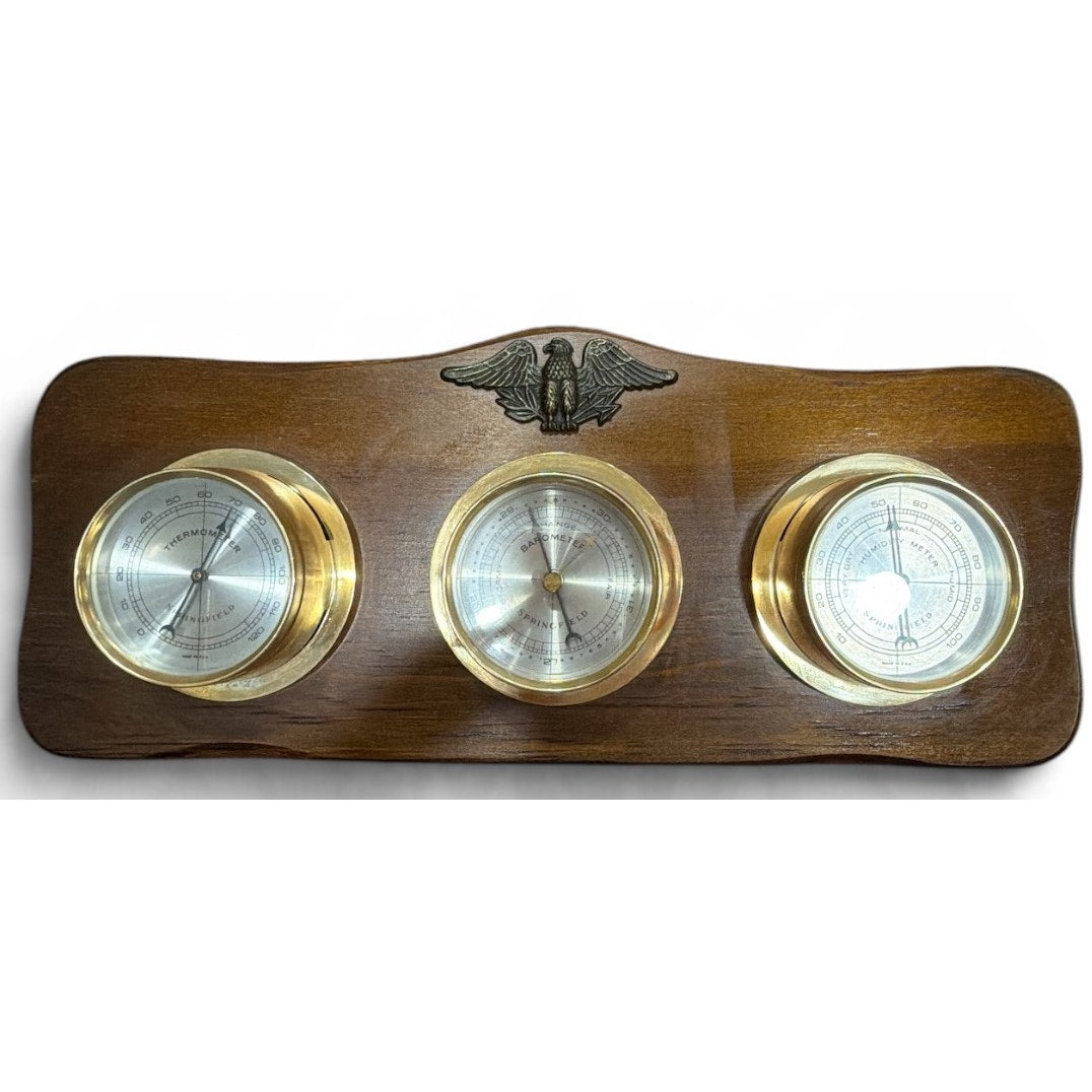 Vintage Springfield Weather Station Brass Tone Barometer Thermometer Eagle Wood