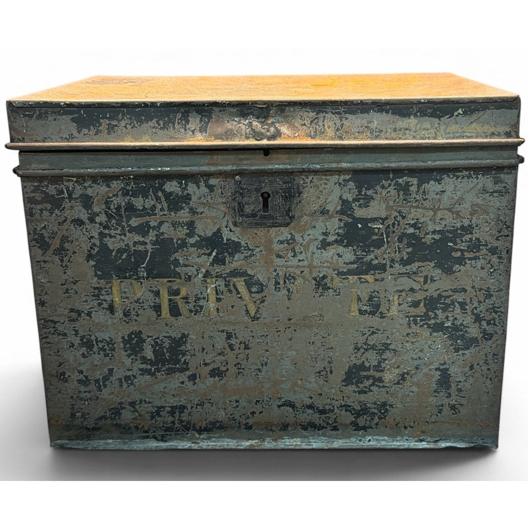 Antique Black Japanned Steel Deed Box Document Chest Industrial Storage