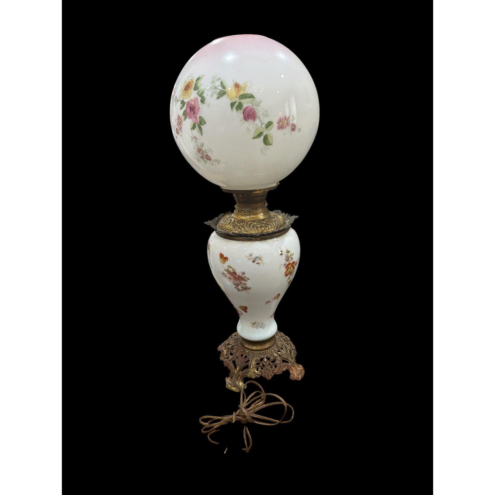 Antique Gone With The Wind Lamp, Hand Painted Roses