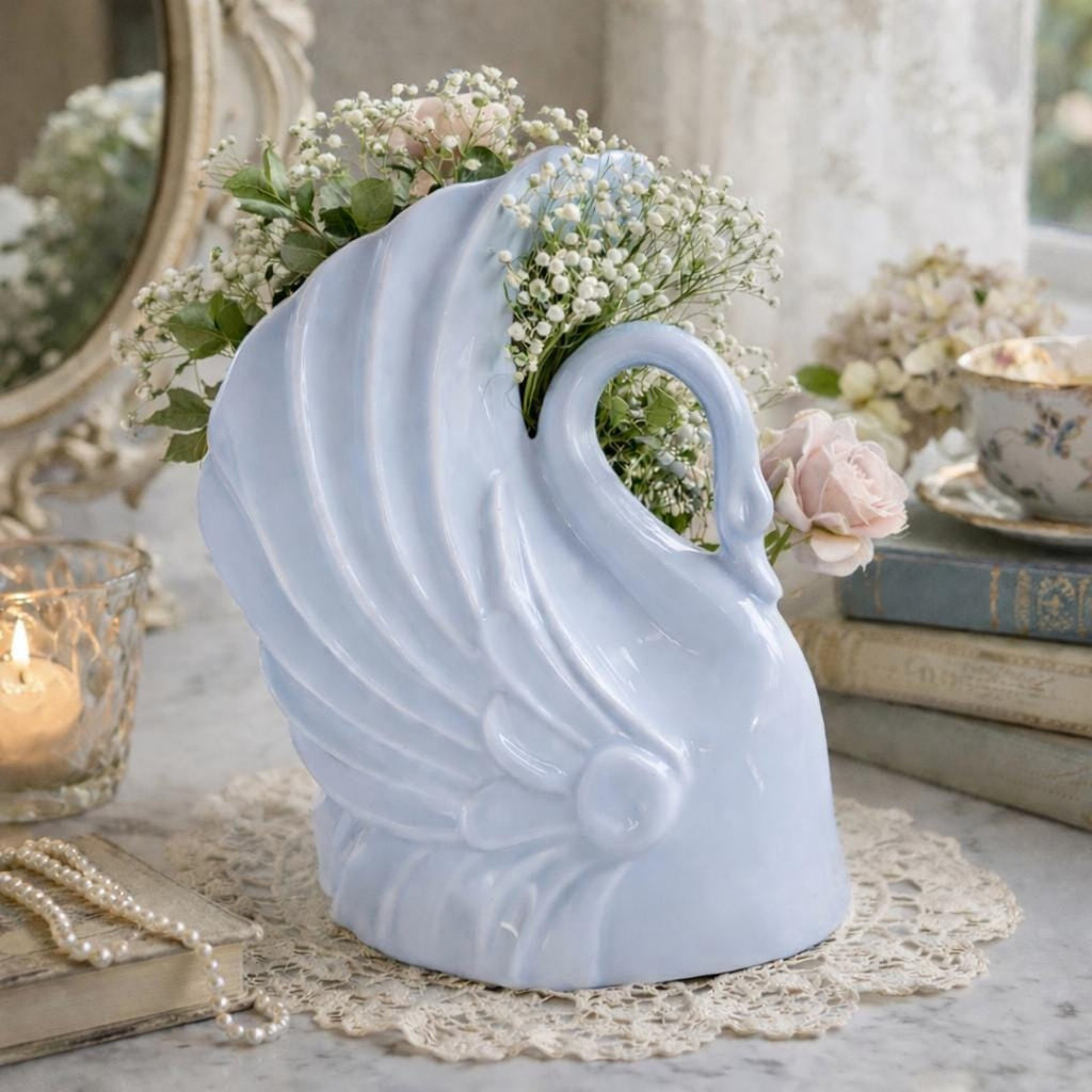 Vintage NILOC Swan Planter Periwinkle Blue Pottery Art Deco Vase 8 Inch