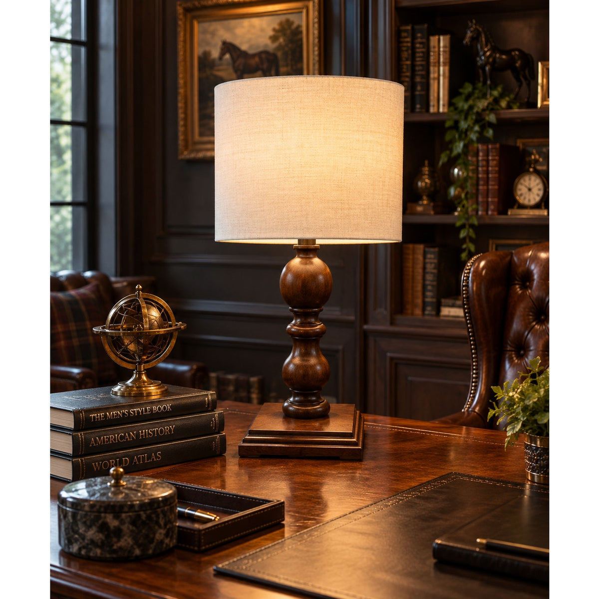 Vintage Solid Wood Baluster Table Lamp Ivory Linen Shade 22 Inch – main view