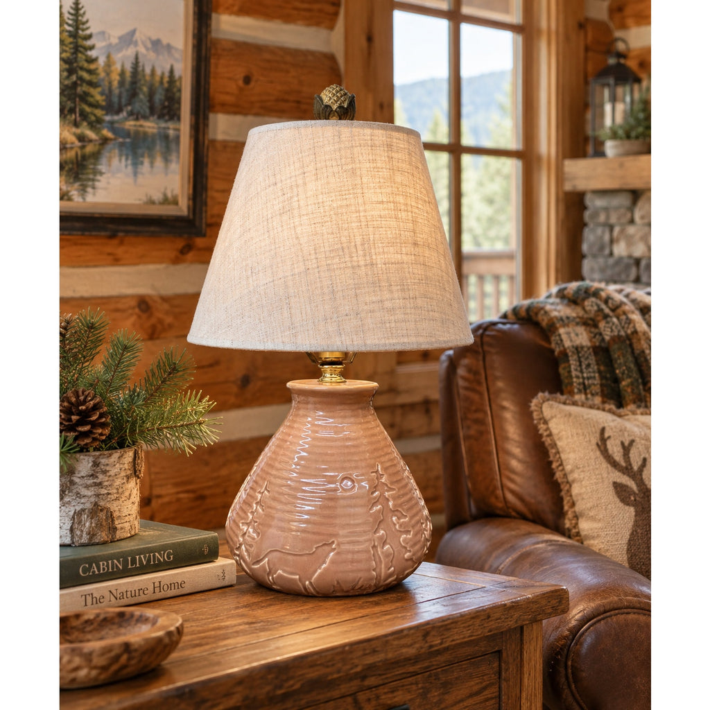 Woodland Ceramic Table Lamp Pine Tree Relief Pinecone Finial Linen Shade 17" – main view