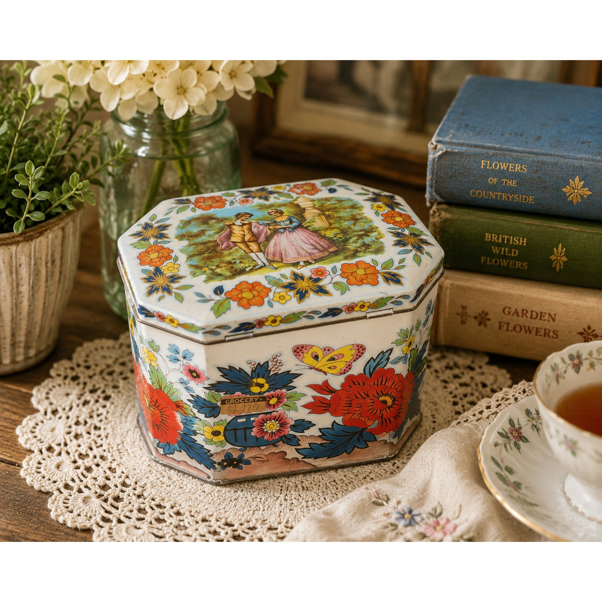 Vintage Daher Floral Tin Box England Courting Couple Butterfly Octagonal – additional view 7