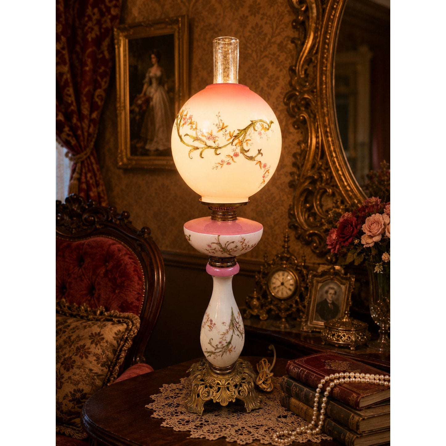 Antique Victorian 31" Banquet Lamp Hand Painted Pink Opal Glass Electric