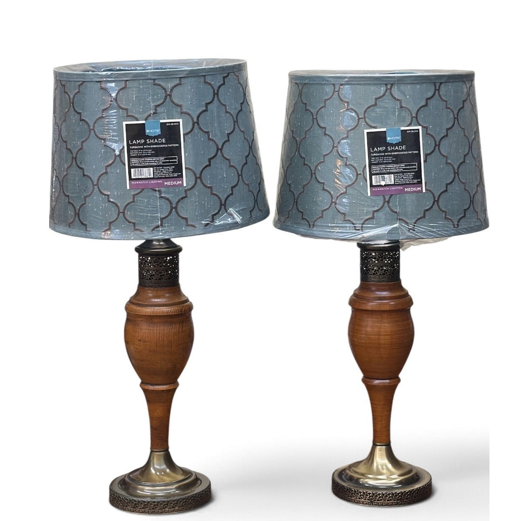 Vintage Turned Wood Table Lamps Brass Filigree Aqua Shades Pair