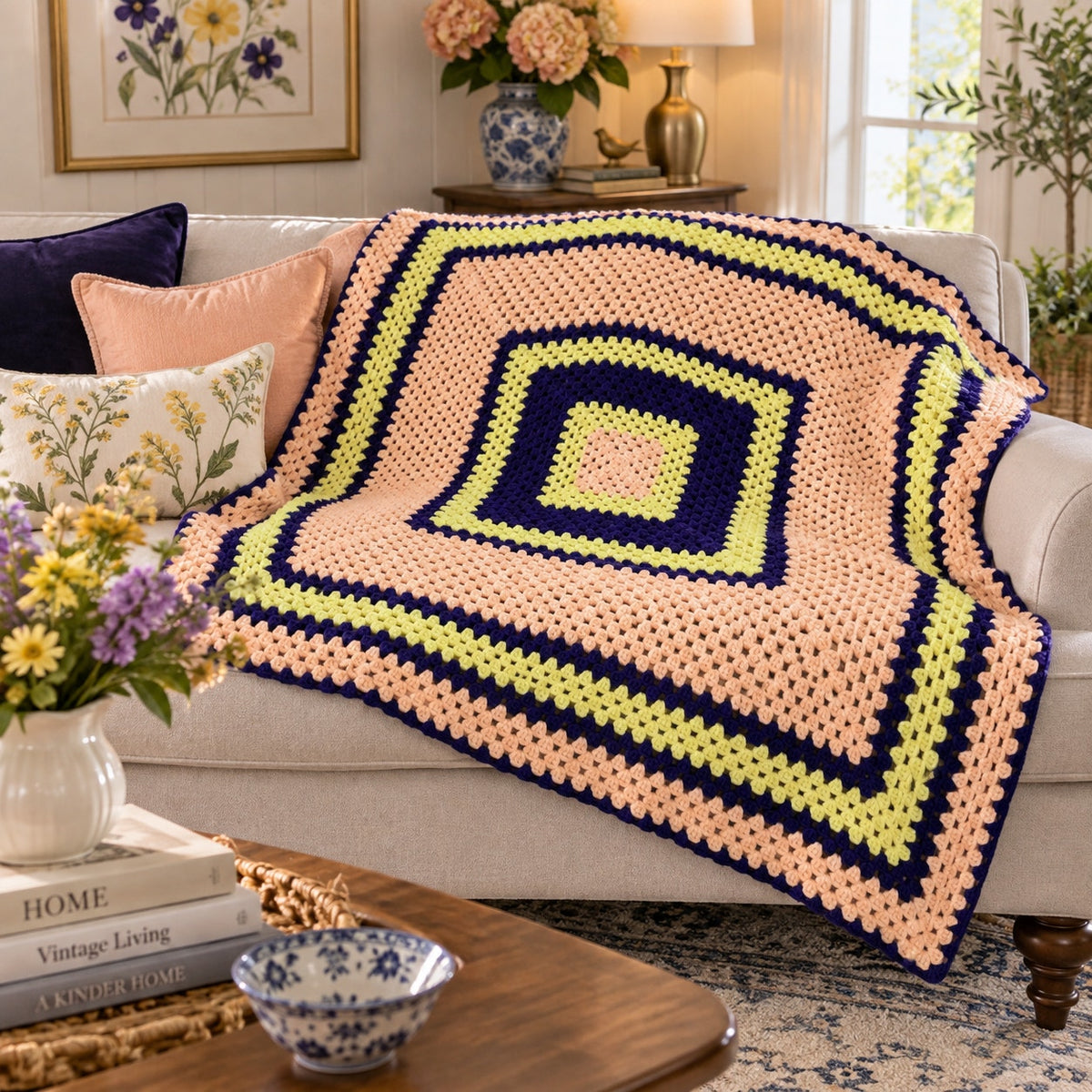 The Sunday Social Vintage Crochet Afghan 56" Peach Purple Yellow Granny Square – main view