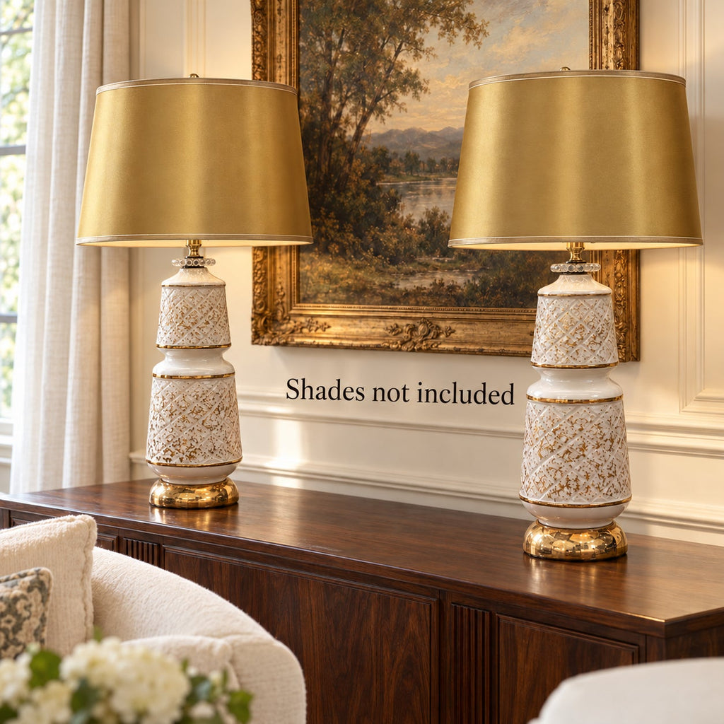 Vintage White and Gold Ceramic Table Lamps Pair Professionally Rewired