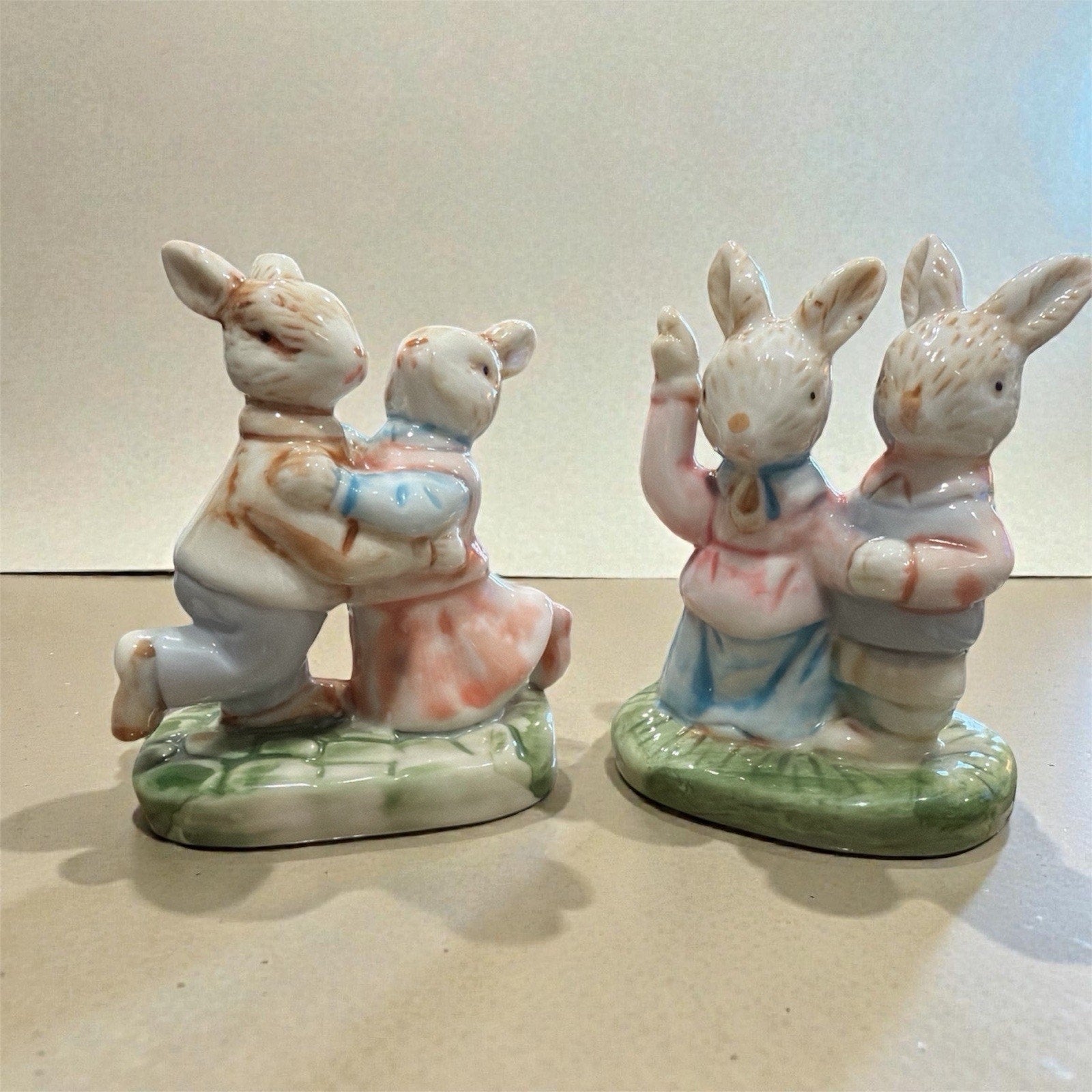 Vintage Dancing Bunny Couple Figurines, Set of 2 Ceramic Easter Rabbits