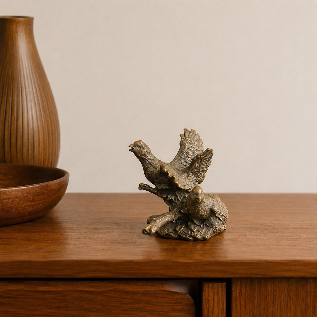 Vintage Brass Tone Bird Figurine Pair, Woodland Sculpture, Mid Century Style