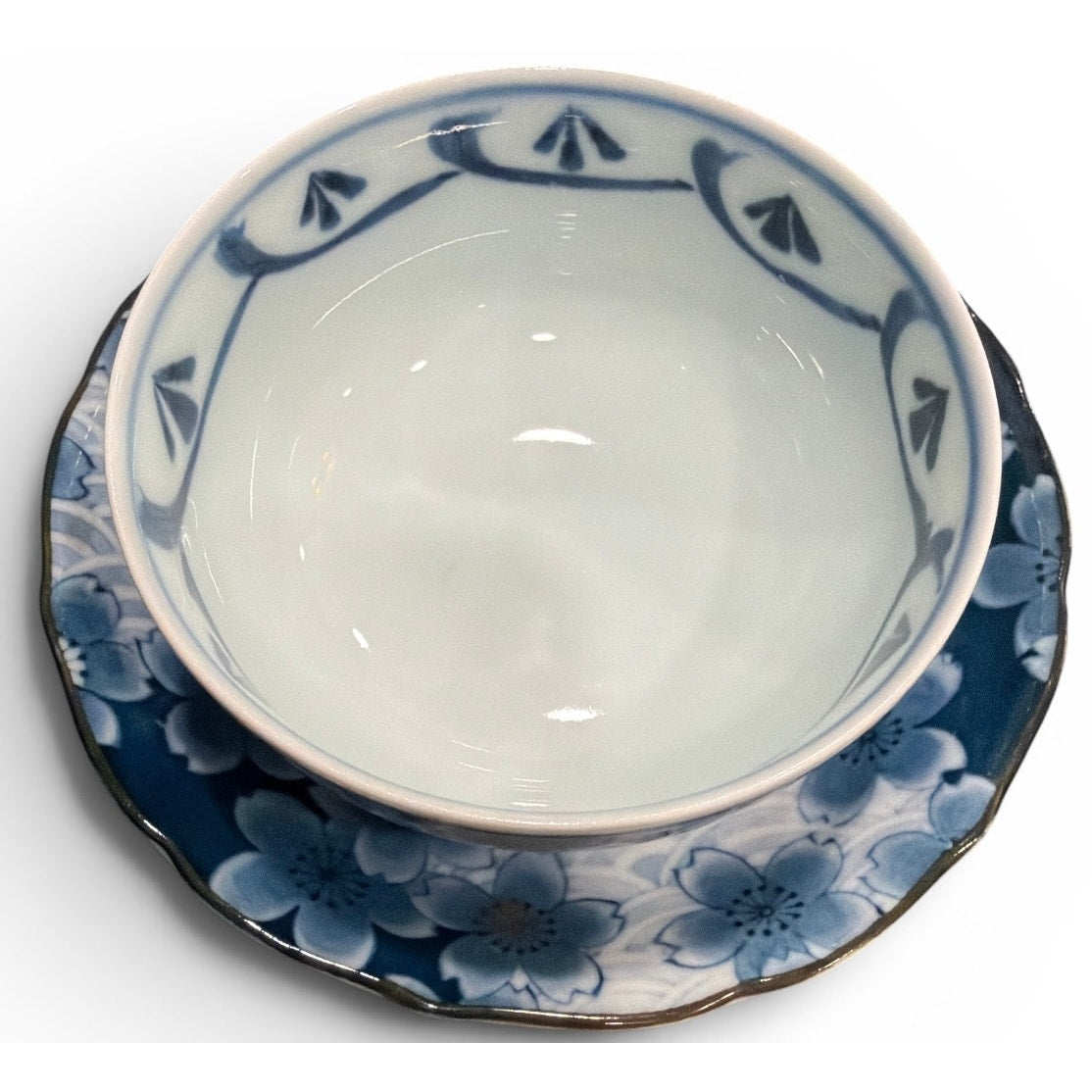 Vintage Japanese Tea Bowl and Saucer Set, Blue Cherry Blossom Porcelain Tea Cups, Set of 4, Asian Tea Service, Floral Porcelain Teaware