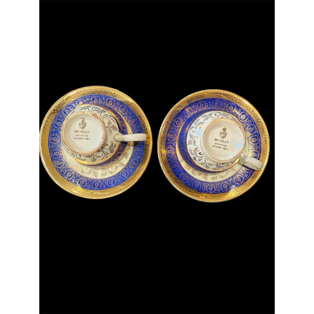 Vintage Bromley Teacups & Saucers Pair 22K Gold Taylor Smith & Taylor