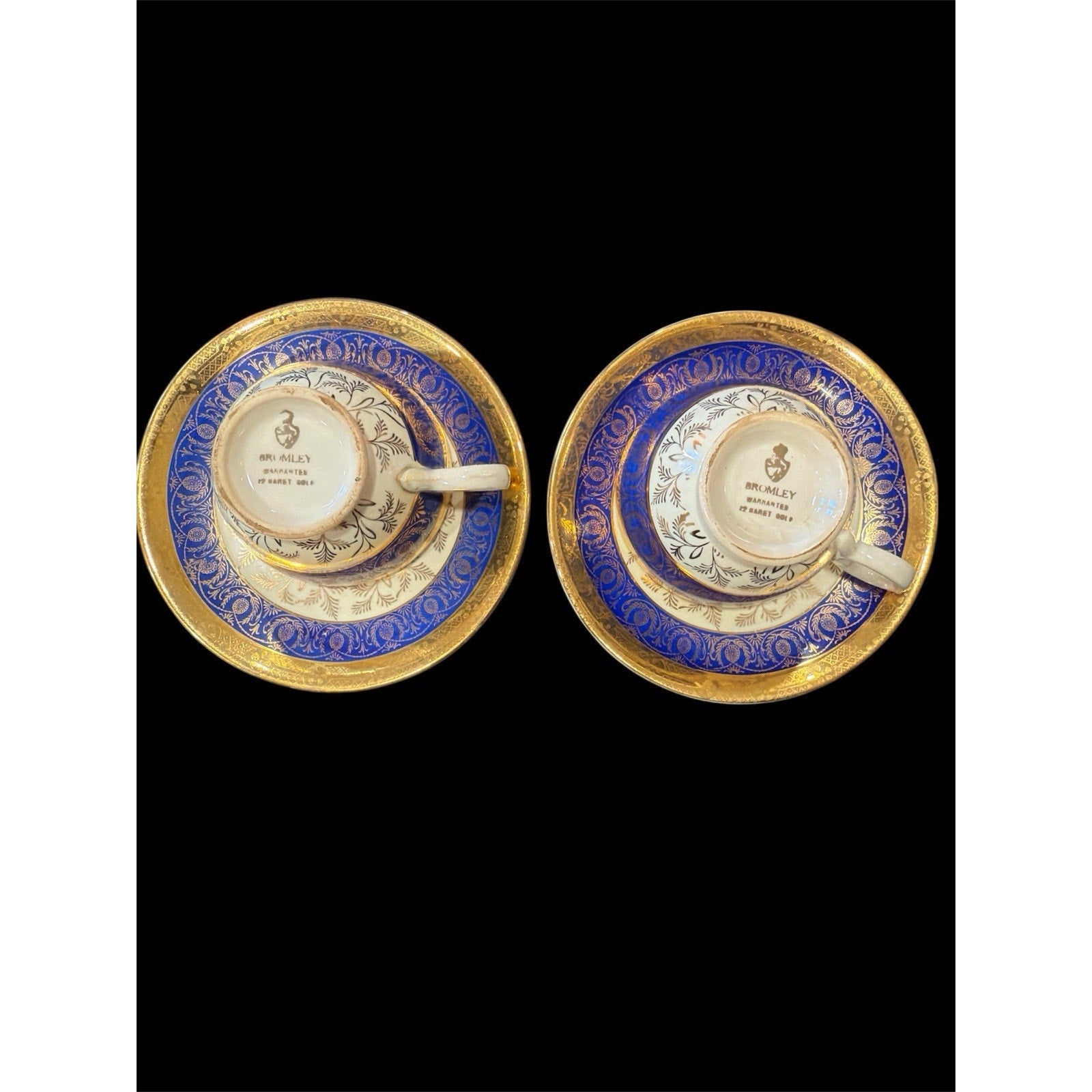 Vintage Bromley Teacups & Saucers Pair 22K Gold Taylor Smith & Taylor