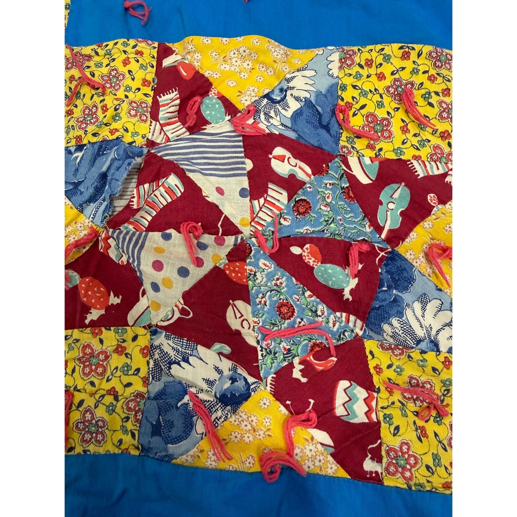 Vintage Hand Pieced Quilt Handmade Tied Quilt Depression Era Feed Sack Fabric
