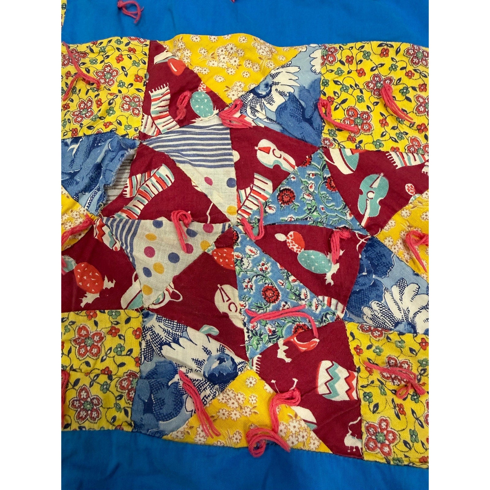 Vintage Hand Pieced Quilt Handmade Tied Quilt Depression Era Feed Sack Fabric