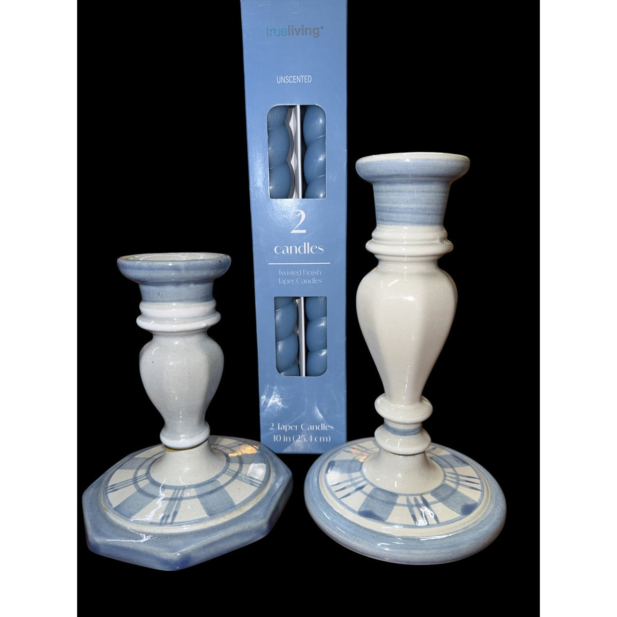 Vintage Louisville Stoneware Candlesticks Blue White Set with Twisted Tapers