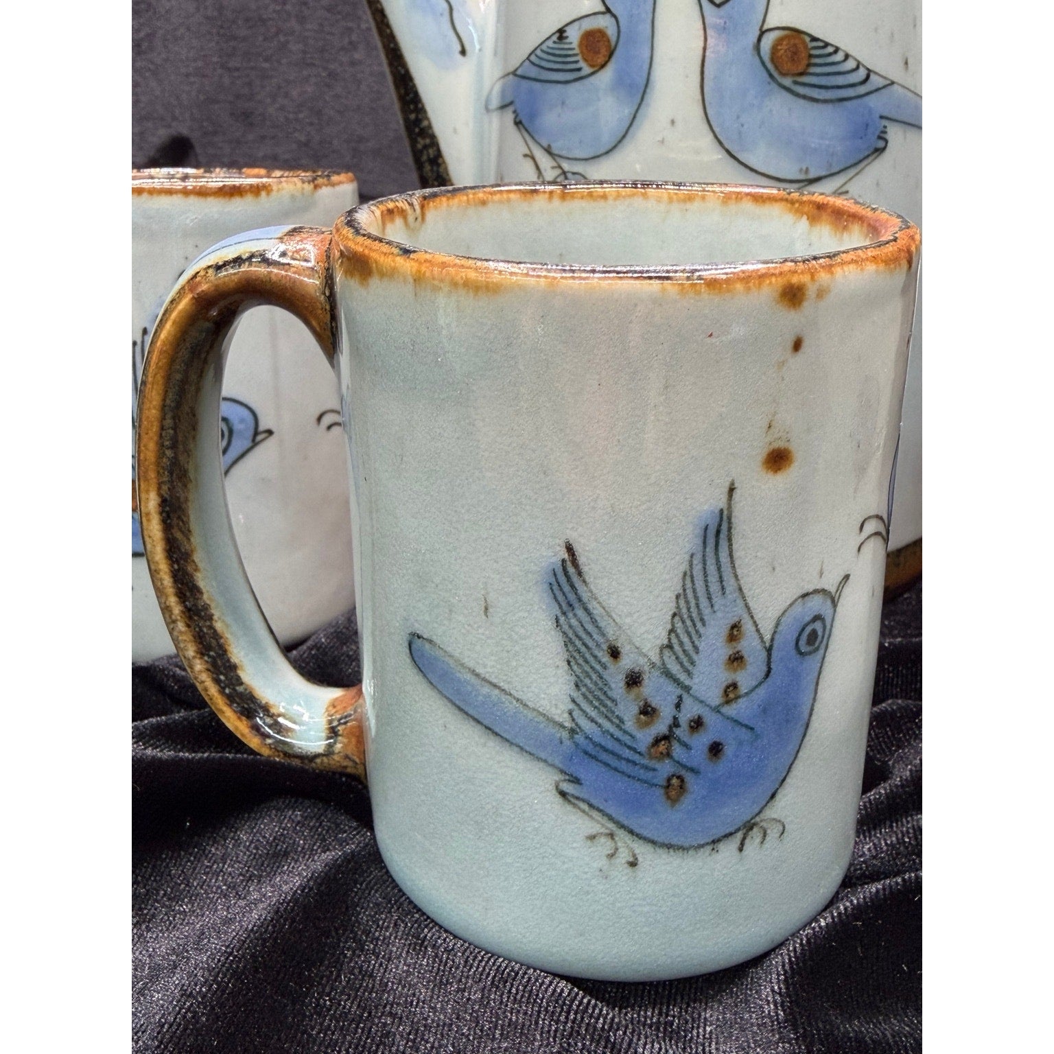 Vintage Del Palomar Mexico Coffee Pot & 3 Mug Set Blue Bird Stoneware