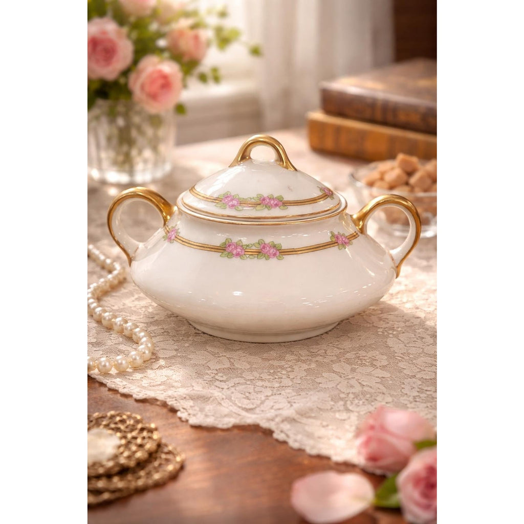 Vintage Trianon Bavaria Sugar Bowl: Pink Rose Garland, Gold Trim