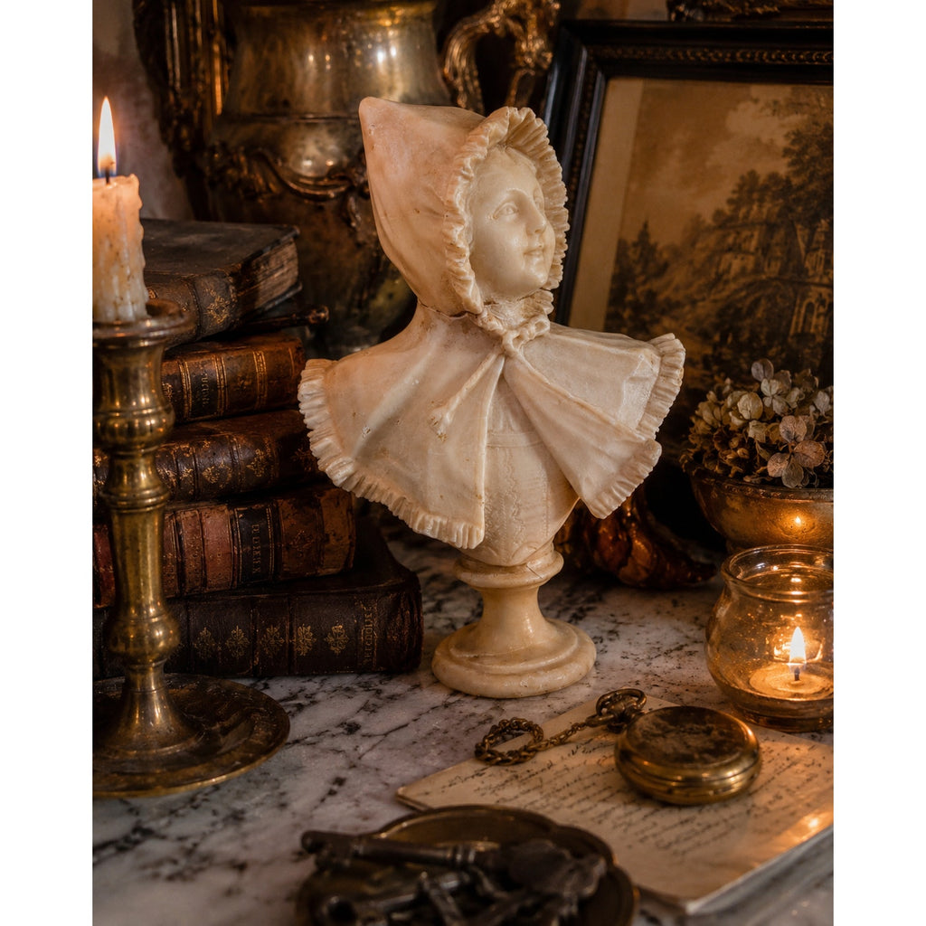 Antique Italian Hand Carved Alabaster Girl Bust Victorian Bonnet Sculpture