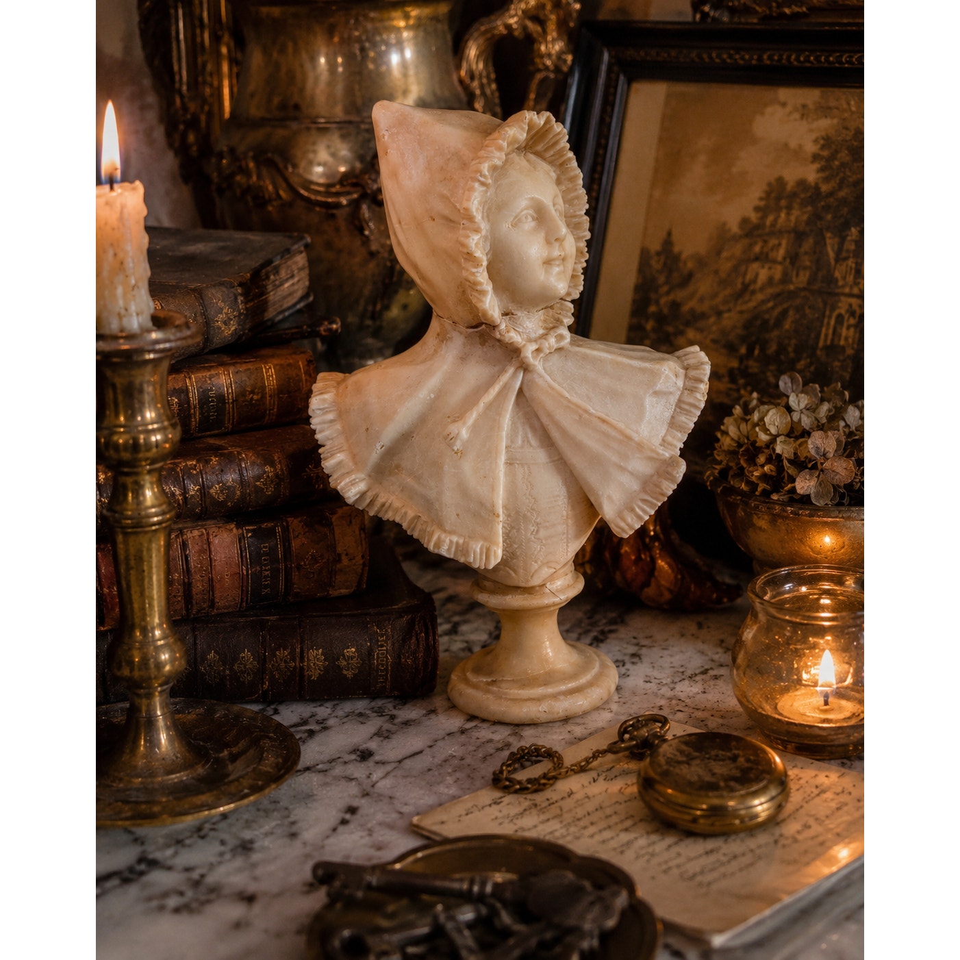 Antique Italian Hand Carved Alabaster Girl Bust Victorian Bonnet Sculpture