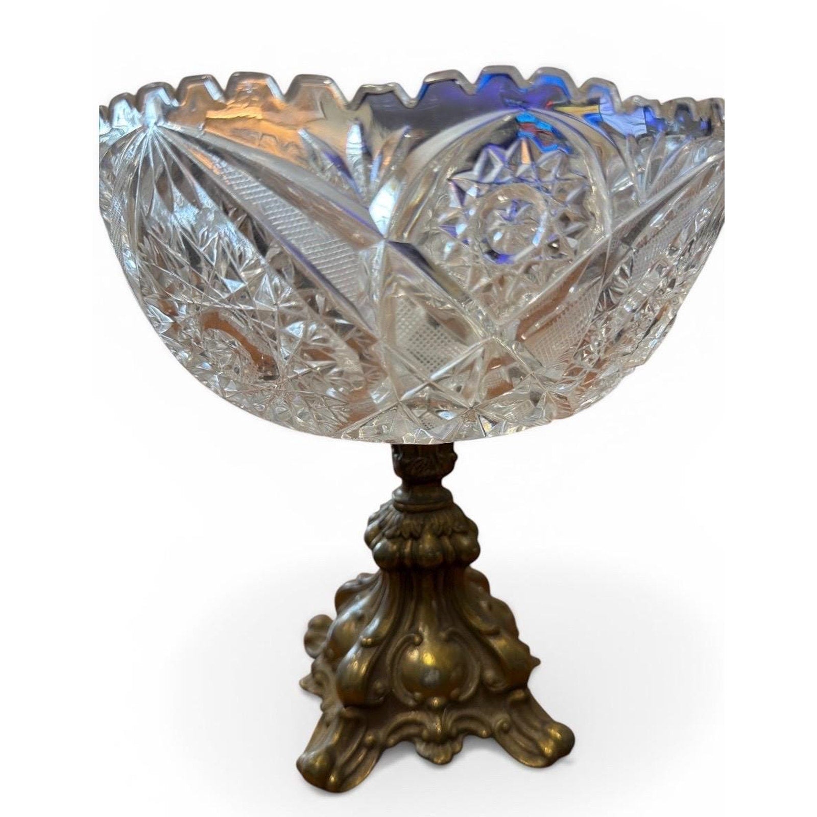 Vintage Cut Crystal Pedestal Compote Bowl, Ornate Metal Stand Centerpiece