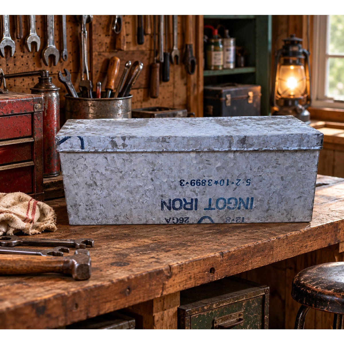 Vintage Industrial Galvanized Metal Factory Storage Box With Lid 20 Inch