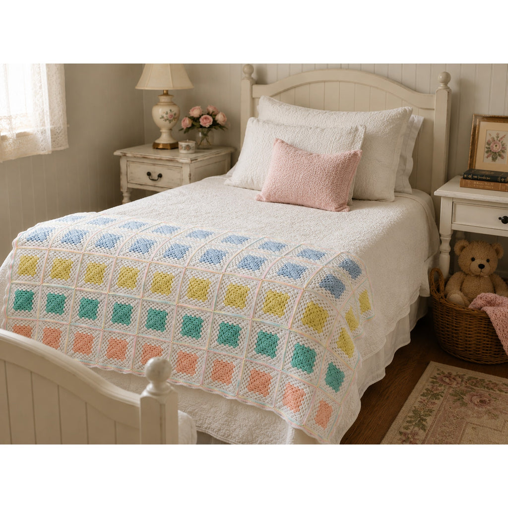 Handmade Pastel Crochet Granny Square Afghan Twin Bedspread 74 x 68