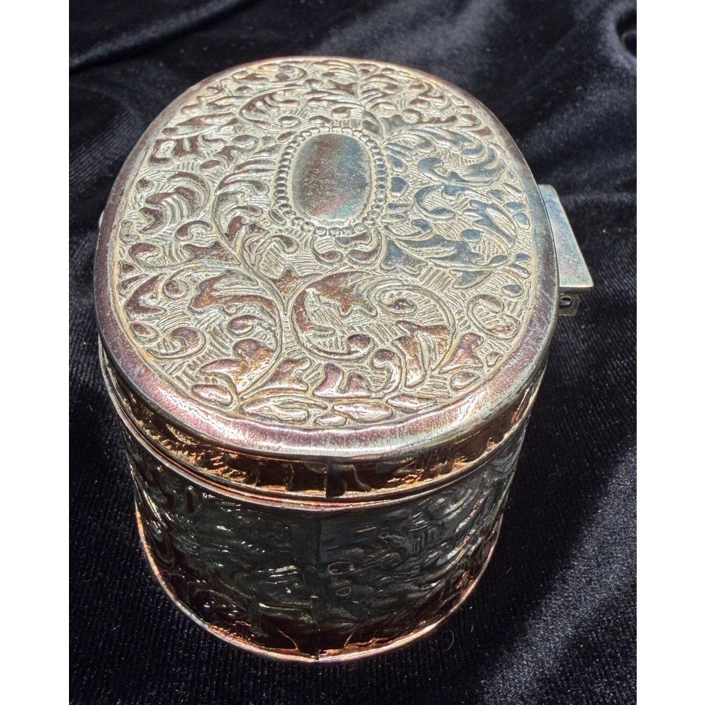 Vintage Silver Tone Jewelry Casket Red Satin Lined Oval Trinket Keepsake Box