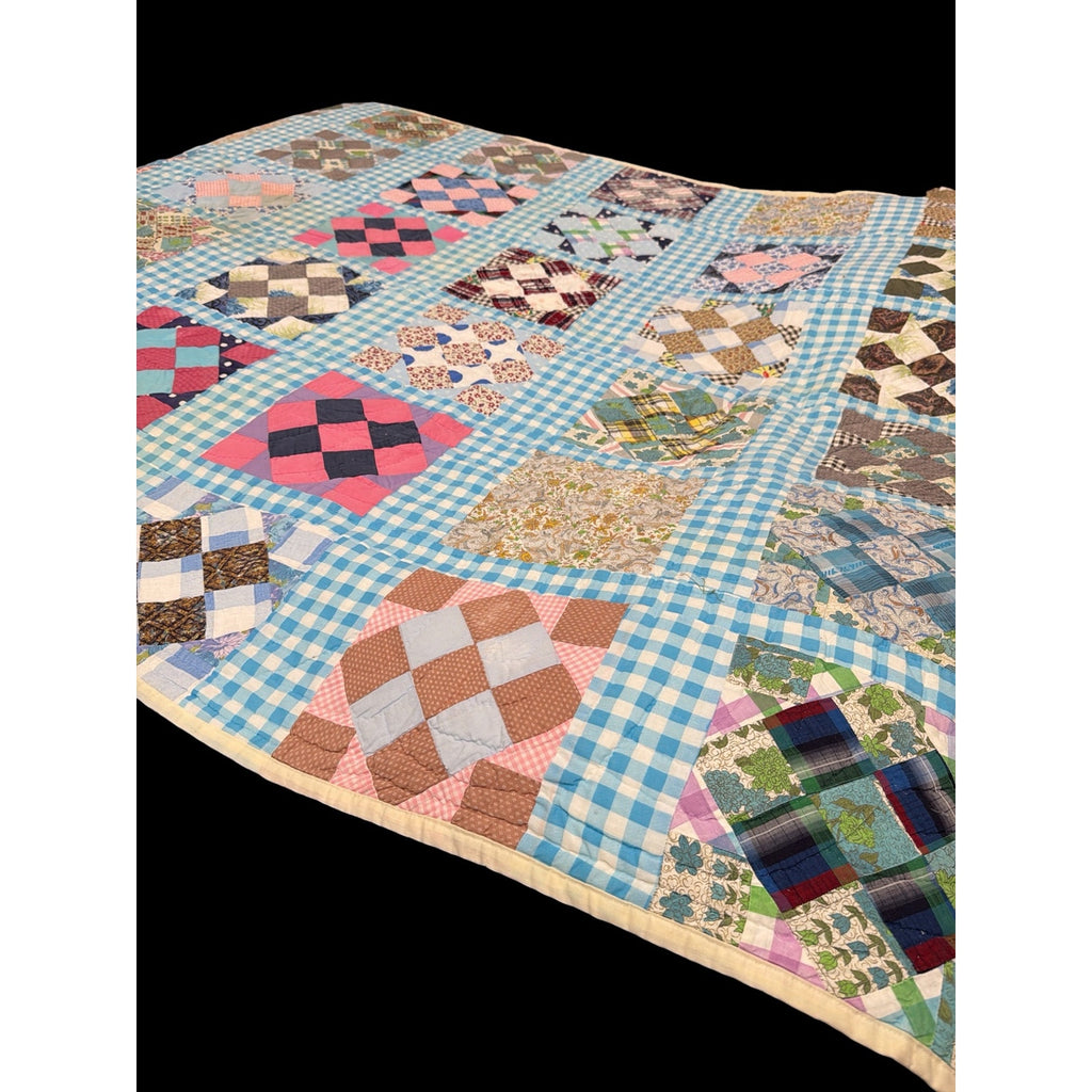 Vintage Hand Quilted 20-Piece Nine Patch Quilt Blue Gingham 66 x 77 – additional view 4