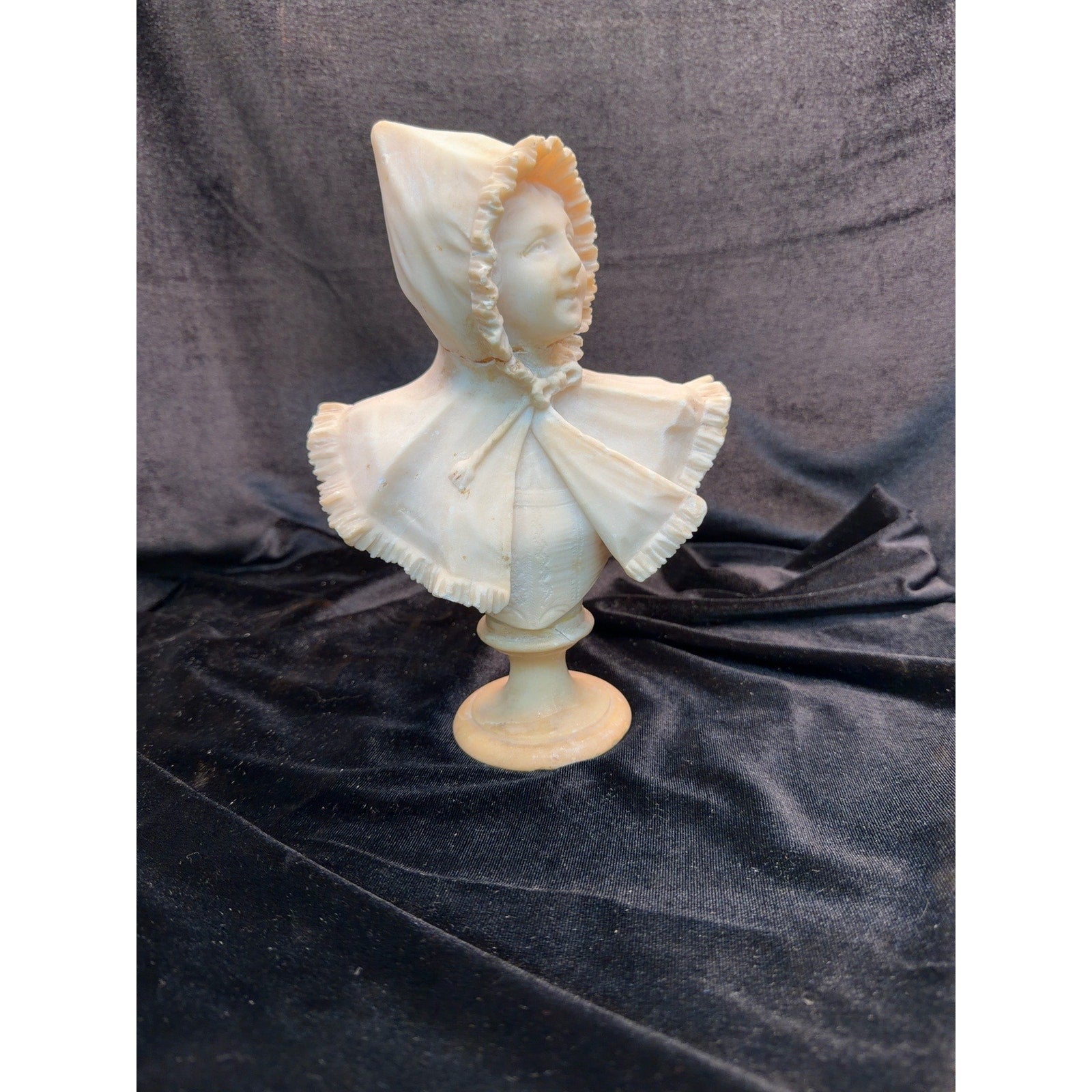 Antique Italian Hand Carved Alabaster Girl Bust Victorian Bonnet Sculpture