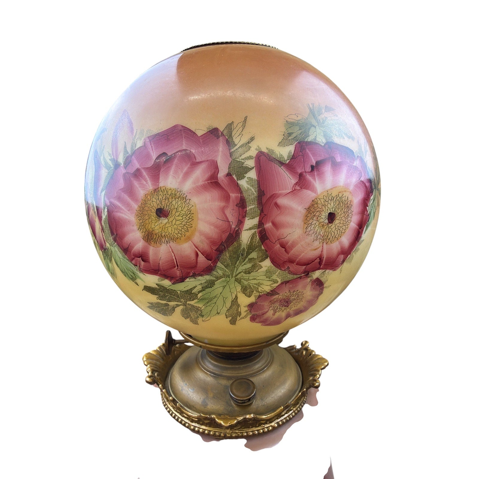 Antique Banquet Oil Lamp Pink Satin Glass Success Burner Floral Globe