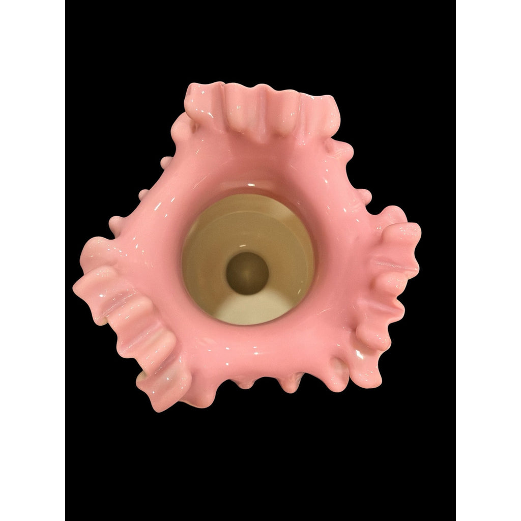 Antique Victorian Opaline Bristol Glass Vase, Hand Blown White & Pink Ruffled Art Glass, 10” Pedestal Vase, Elegant Victorian Home Decor