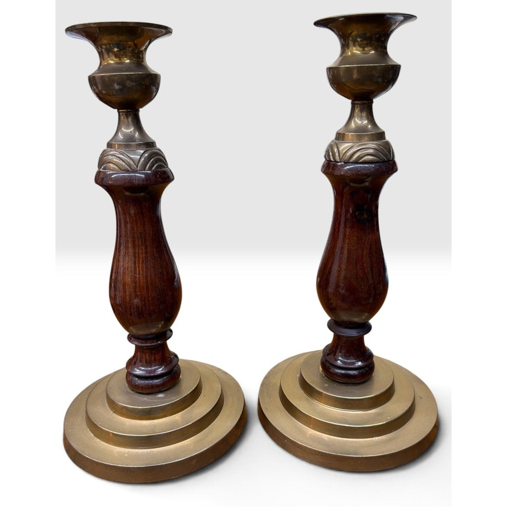 Mid Century Candlesticks Solid Brass Turned Wood 10 Inch Pair Vintage – additional view 2