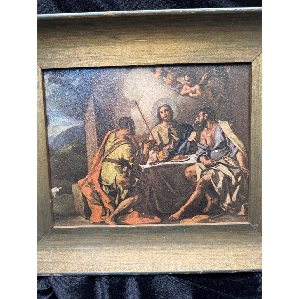 Pair of Vintage Framed Religious Prints Madonna Child & Supper at Emmaus