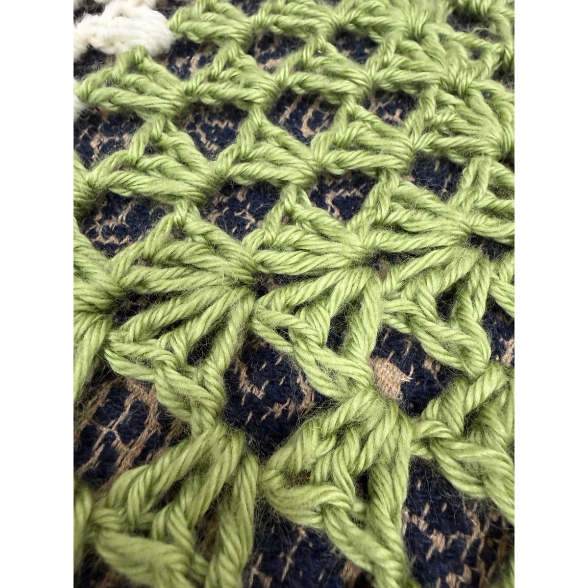 The Greenbrier Vintage Crochet Afghan Celery Green Cream Lap Blanket 48 x 48 – additional view 5