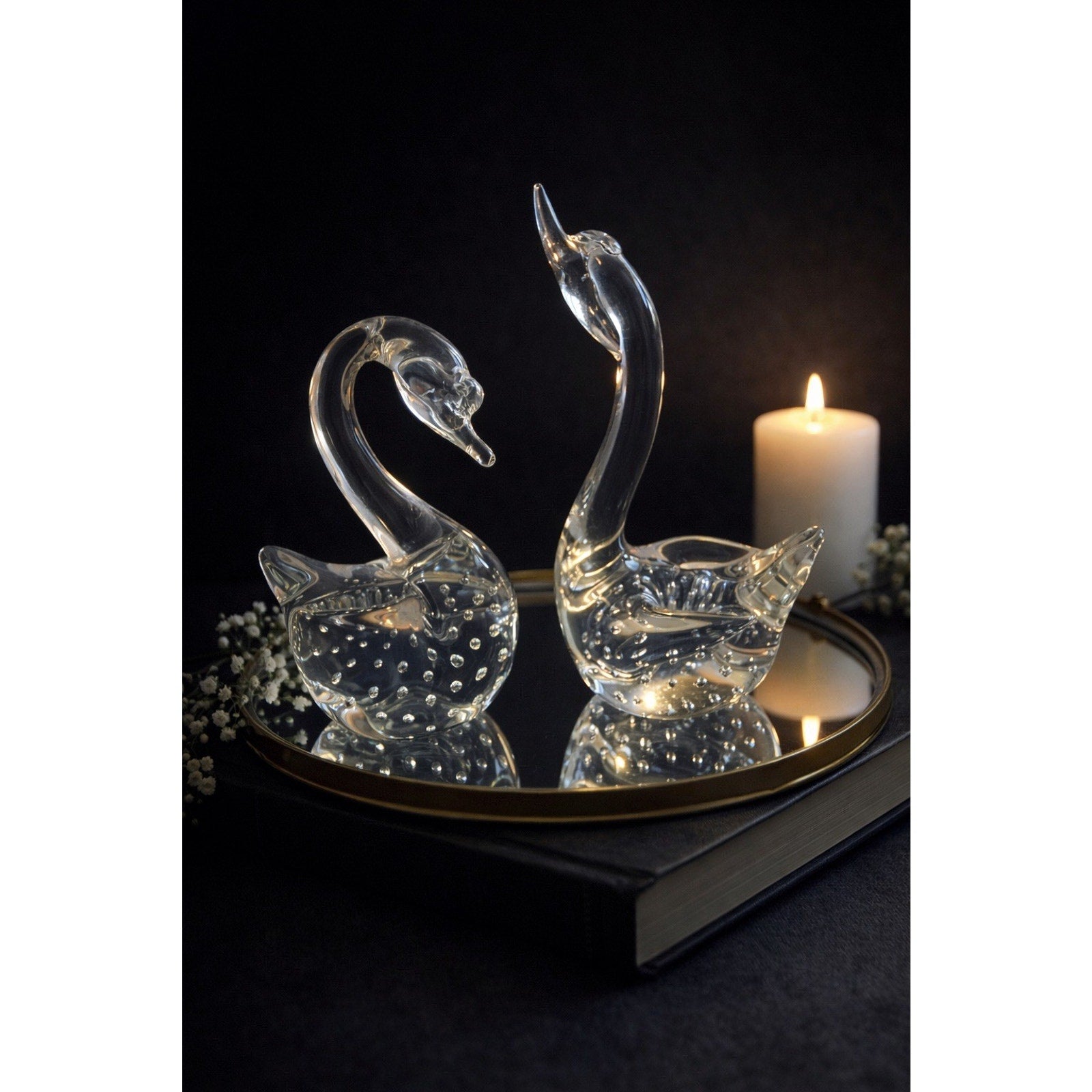 Vintage Hand Blown Art Glass Swan Figurines Pair Bullicante Clear Glass