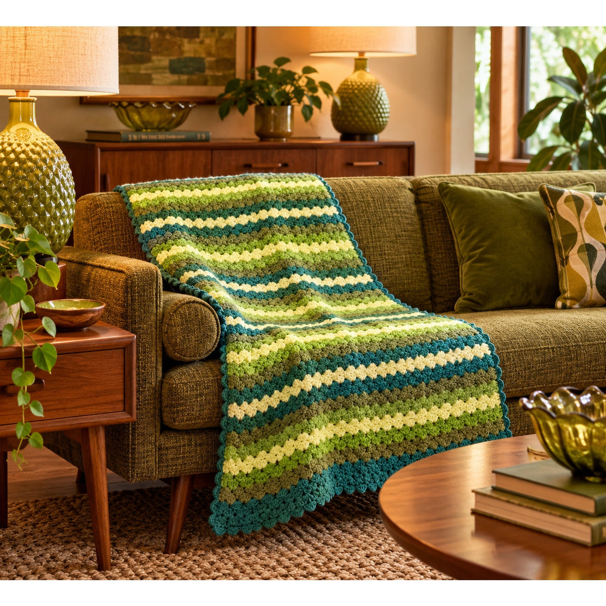 Vintage Crochet Afghan Throw Avocado Green Striped 1970s 60 x 37