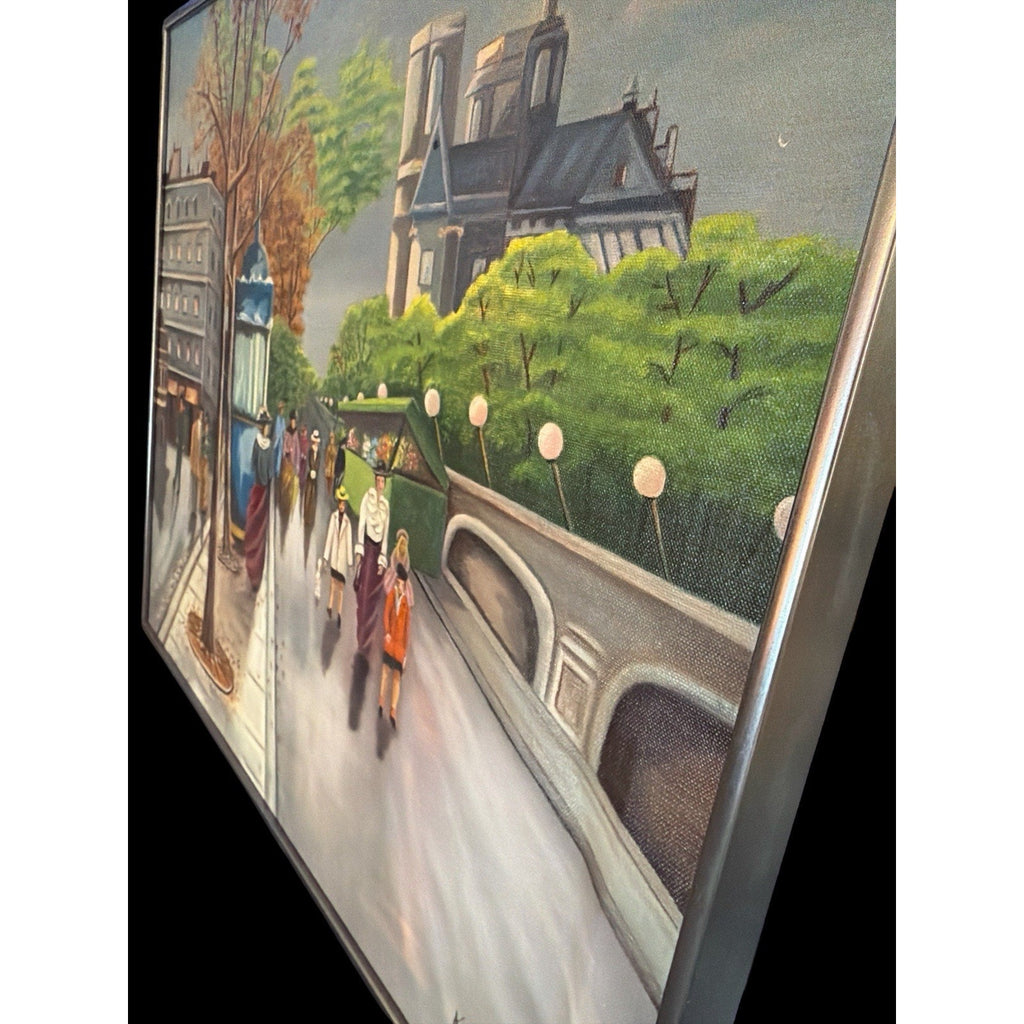 Mid-Century Paris Street Scene Notre Dame Oil Painting Signed Canvas