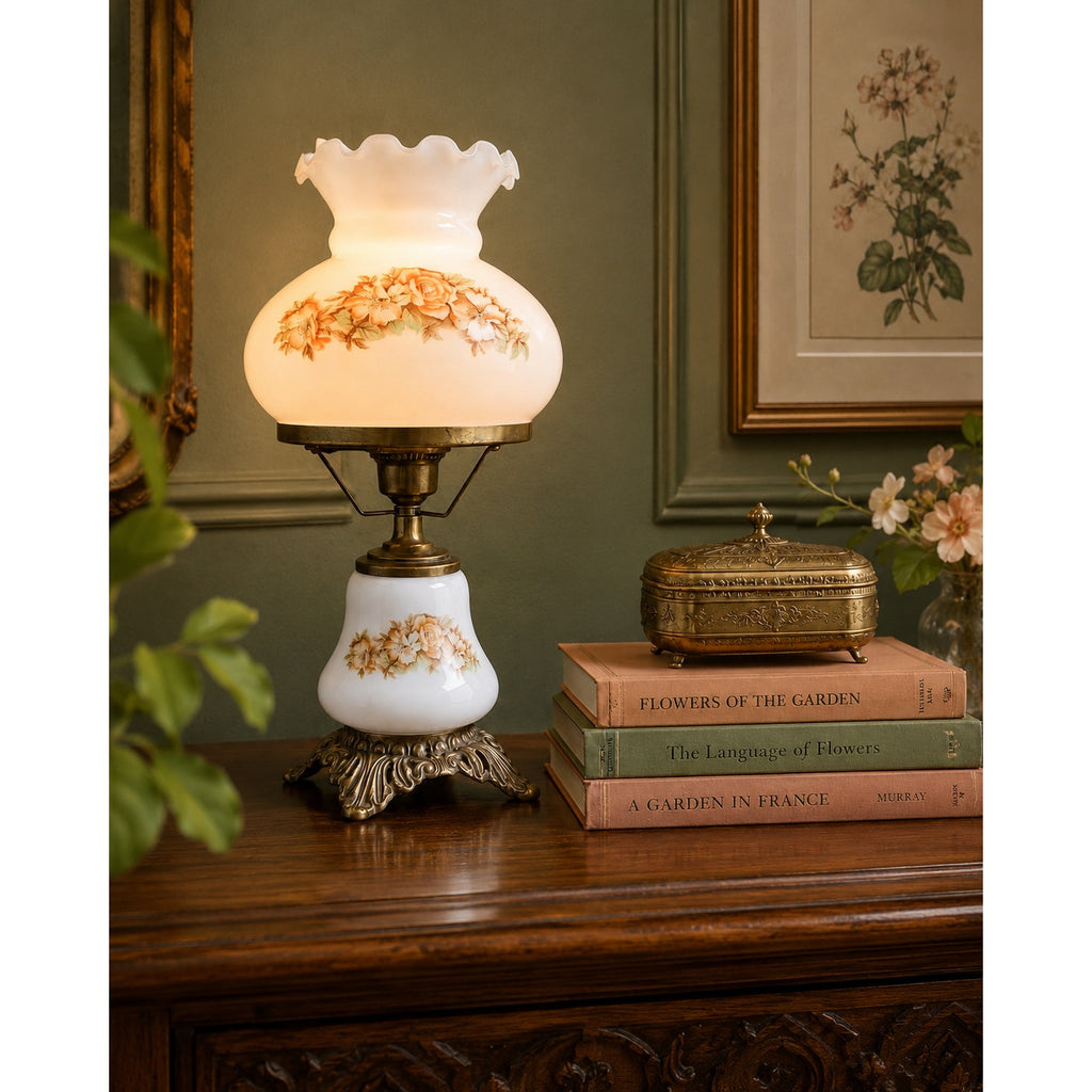 Vintage Milk Glass Hurricane Table Lamp with Floral Shade & Cast Metal Base