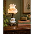 Vintage Milk Glass Hurricane Table Lamp with Floral Shade & Cast Metal Base